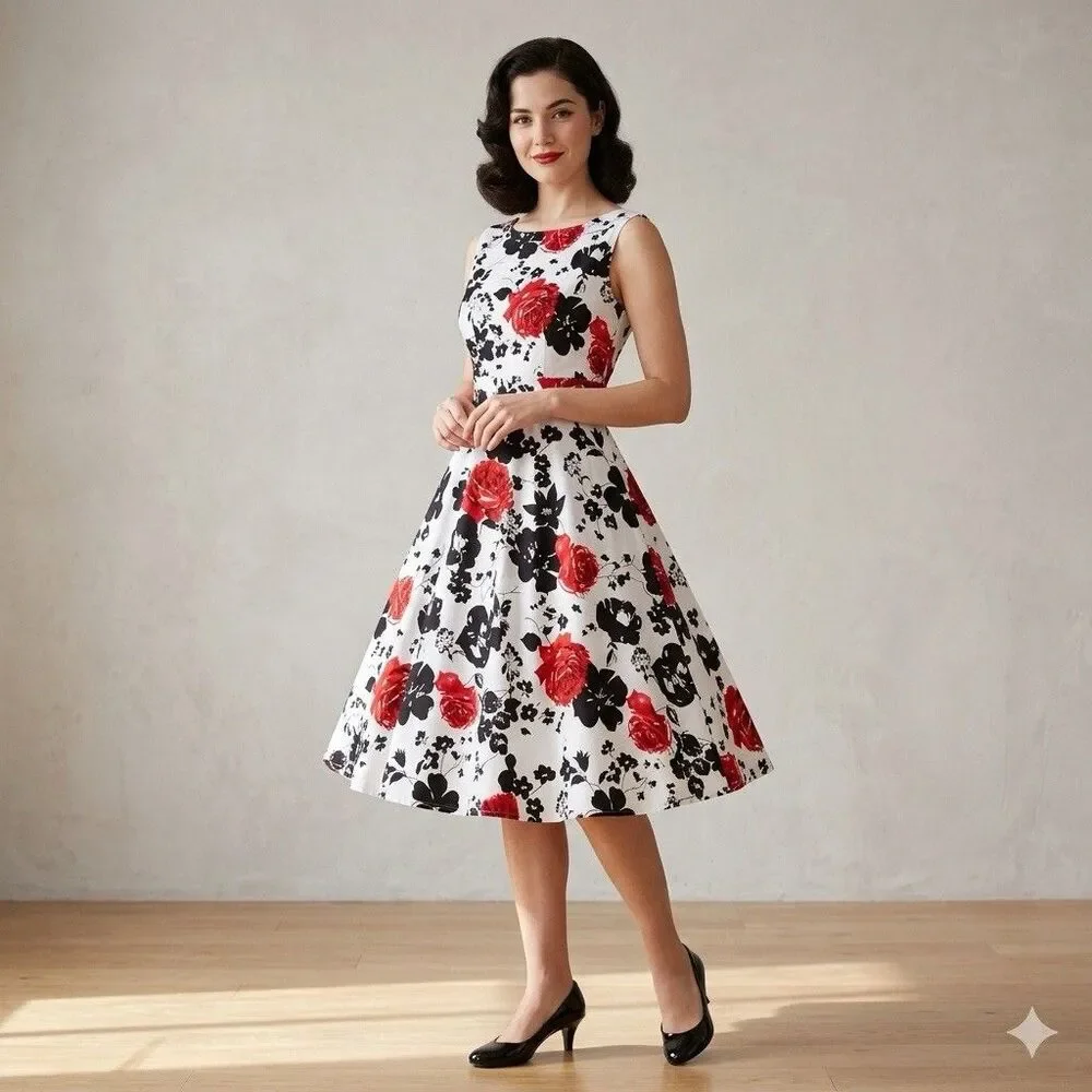 New Light Retro Floral A-Line Midi Dress White Red Black Rose Print Fit Flare XL